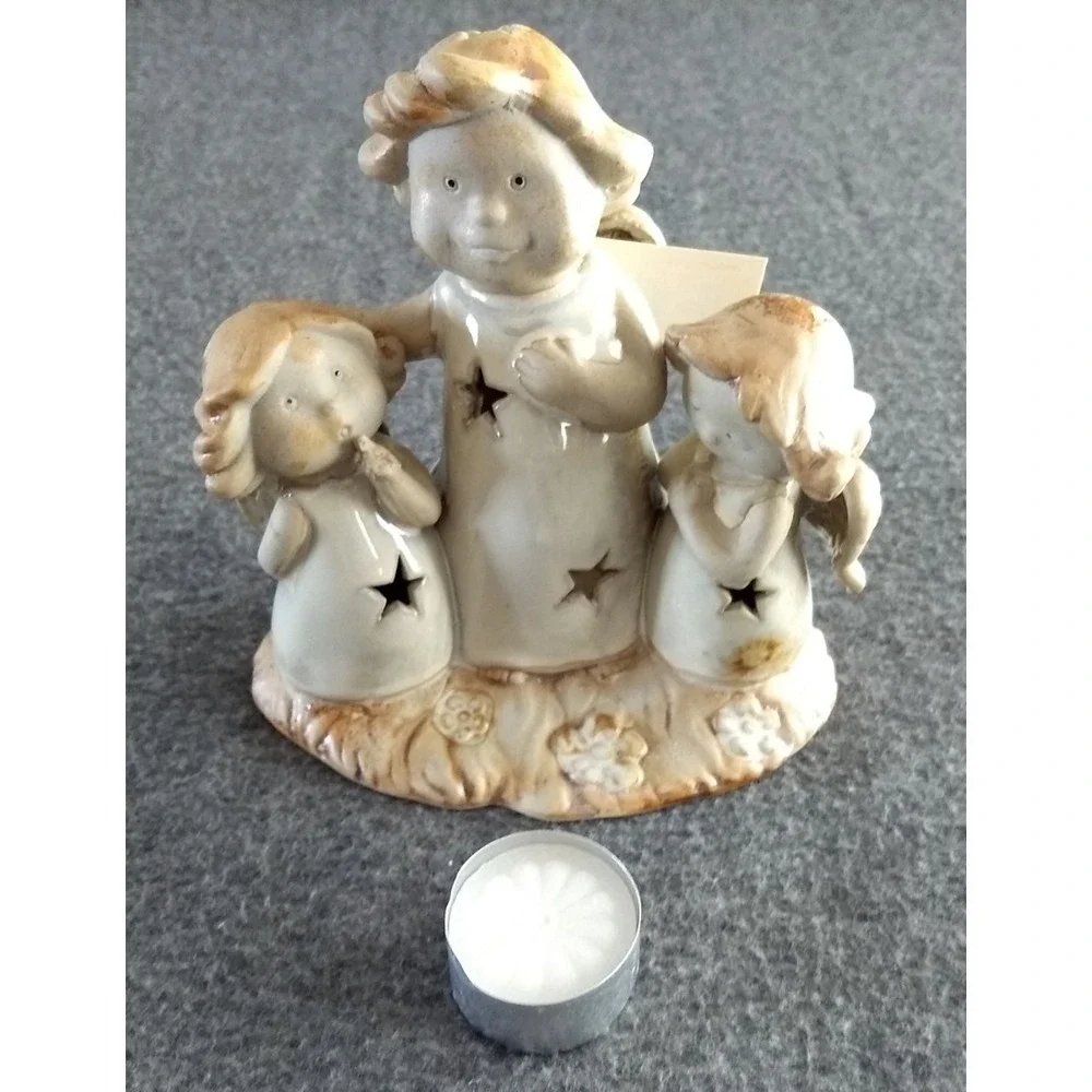 Angel Trio Ceramic Candle Holder Glazed Star‎ Luminary w/ Tealight Christmas NEW